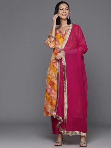 Varanga Women Orange Bandhani Printed Straight Kurta Paired With Bottom And Dupatta